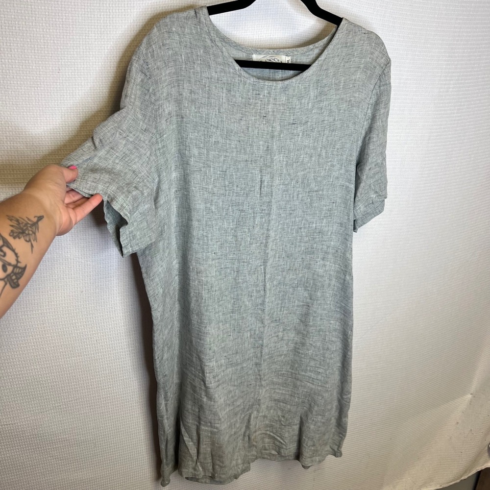 Willow Women XL Grey 100% Linen Short Sleeve Shift Tunic Dress Made in USA